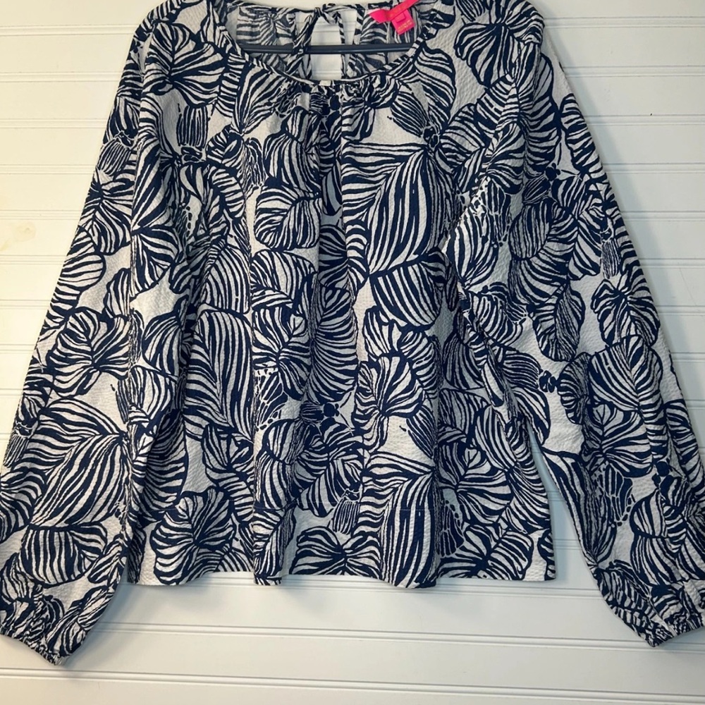 Navy and White Leaf Print Women's Top